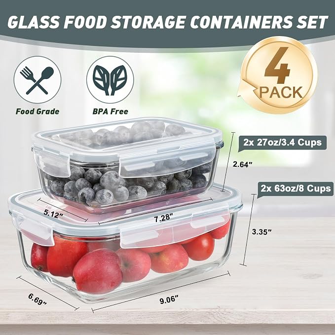 KOMUEE 4 Pack 63oz+27oz Large Glass Food Storage Containers Set with Airtight Lids, BPA-Free, Meal Prep Containers for Storing, Freezer, Microwave and Oven Safe