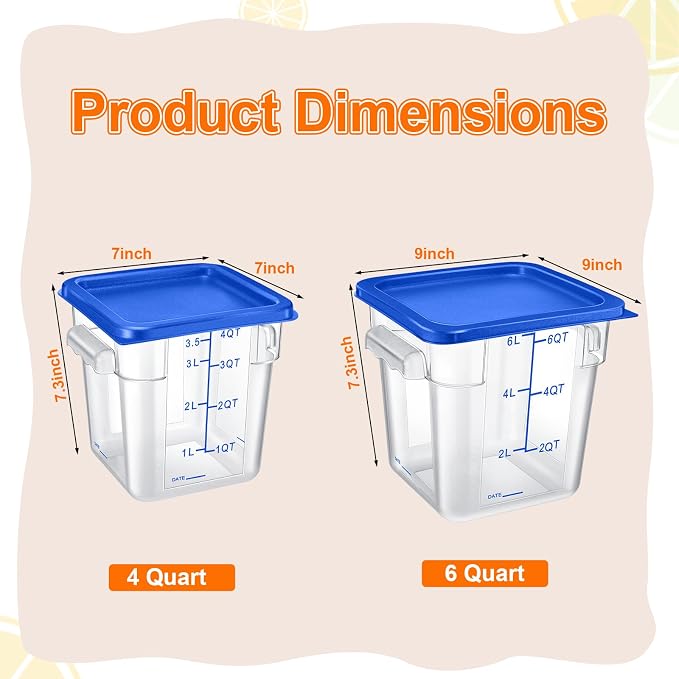 Suclain 8 Pack 4 QT and 6 QT Food Storage Containers with Lids Scales Handles Square Clear Restaurant Food Storage Containers Polycarbonate Commercial Grade for Kitchen Marinating Meat Dough(Blue)