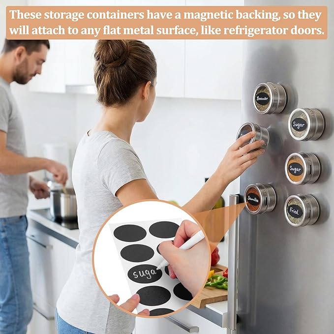 CHENGU 18 Pack Magnetic Spice Jars for Refrigerator 3 oz Magnetic Spice Containers Stainless Steel Seasoning Tins with Clear Lid, with Labels Marker and Pens for Grill Kitchen Fridge Rack Travel