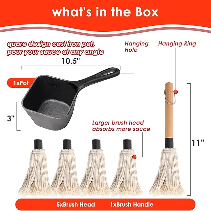 SafBbcue Cast Iron BBQ Sauce Pot and Mop Brush Set,Barbecue Cooking Accessories Heat Preservation Heavy Basting Pot & Mop with 4Pcs Heads for Big Green Egg Grill Grilling