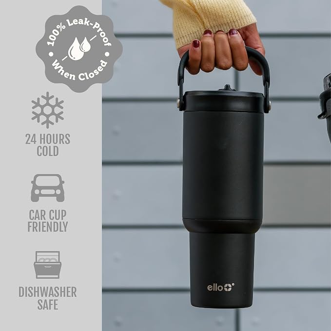 Ello Oasis Go+ 32oz Tumbler with Top Handle and Retracting Straw | Reusable Insulated Stainless Steel Cup, 100% Leakproof Water Bottle, 24 Hours Cold, Cup Holder Friendly For Travel | Black