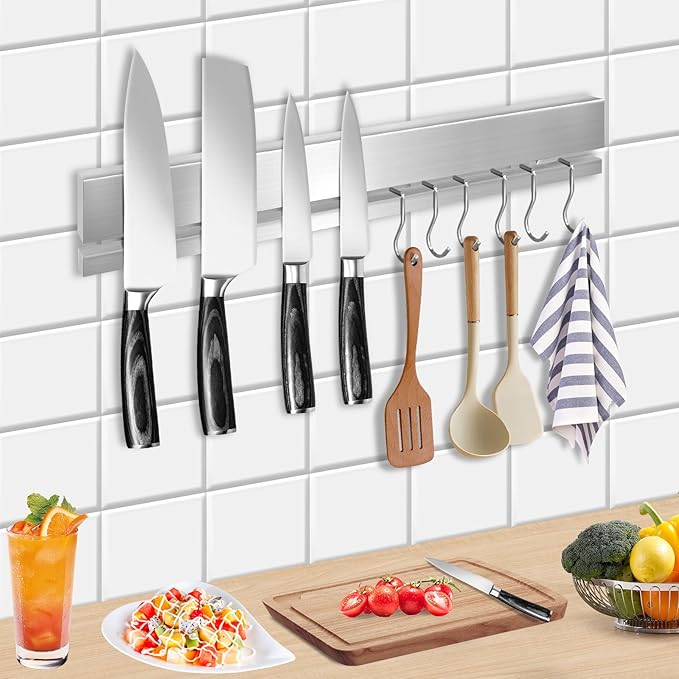 TOUKA 12 Inch Magnetic Knife Holder, Knife Magnetic Strip for Wall, magnetic knife holder for refrigerator, No Drilling with 6 Hooks, Includes 3M Adhesive and Screws, Strong Magnet Kitchen Organizer