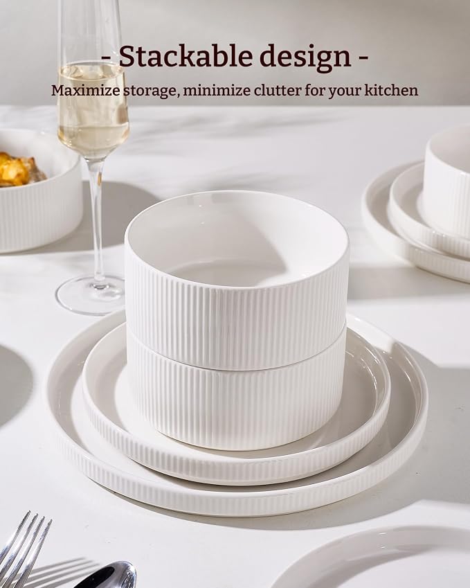 18-Piece Plates and Bowls Set, Porcelain Dinnerware Sets for 6 Service, Modern Dish Set-Chip and Scratch Resistant, Dishwasher & Microwave Safe, White