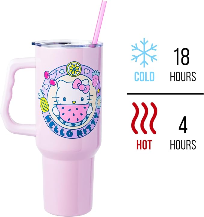 Silver Buffalo Sanrio Hello Kitty Summer Kawaii Fruits Double Walled Stainless Steel Tumbler with Handle, Fits in Standard Cup Holder, 40 Ounces