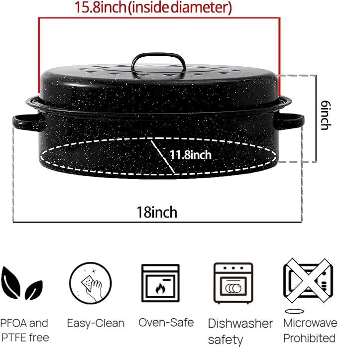 Turkey Roasting Pan With Lid 18in Roaster Pan Enamel Carbon Steel Roaster Pot with 16in Inner Diameter,18 Pound Large Capacity High Temperature Resistance Oval Cookware