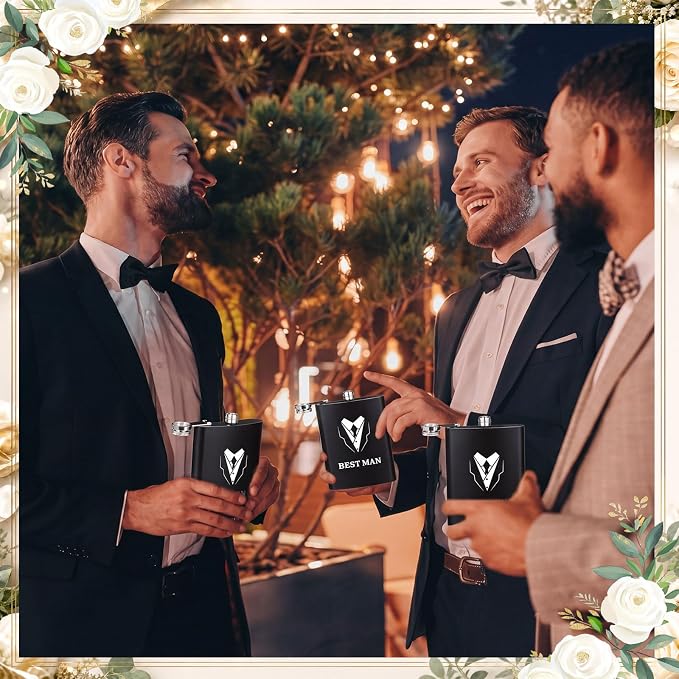 Mimorou 66 Pcs Groomsmen Proposal Gifts - Shot Glasses, Stainless Steel Ice, Flask, Funnel, Gift Boxes, Sunglasses, Knives, Bottle Opener, Cards, Wallets for Wedding Groomsmen Present Set (Retro)