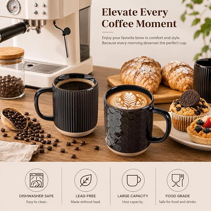 GBhome Large Coffee Mugs Set of 6, 16oz Handmade Stoneware Coffee Mugs Set with Large Handle for Cappuccino/Latte/Tea/Hot Cocoa, Dishwasher & Microwave Safe, Black