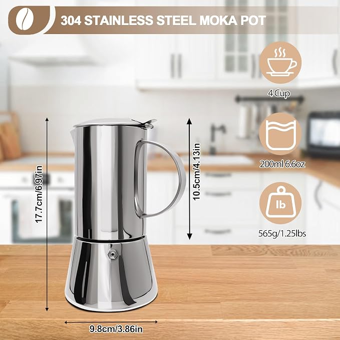 304 Thickened Stainless Steel Uncoated 4 Cup Moka Pot Coffee Maker Stovetop Espresso Coffeemaker Italian Classic Brewing Greca Cafe Mocha Machine for Cafeteras Camping Travel Home 200ml 6.6oz