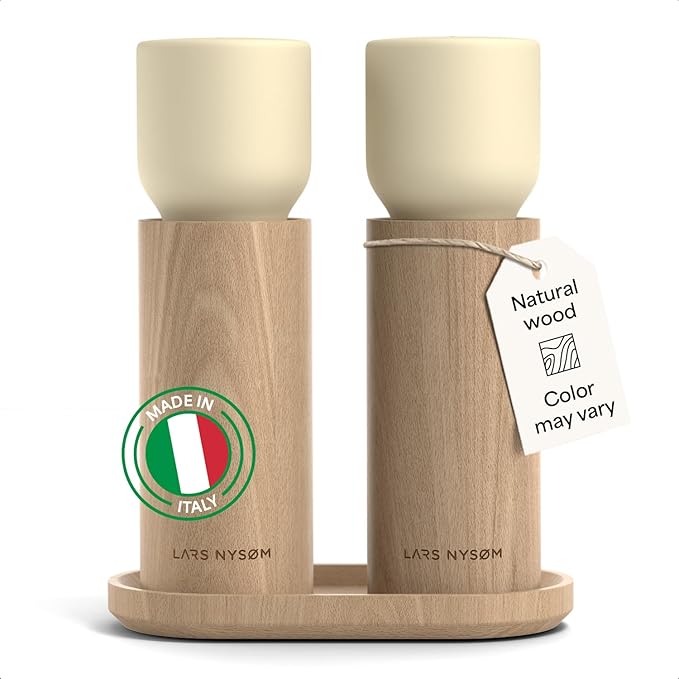 LARS NYSØM Wooden Salt and Pepper Grinder Set Manual with Tray - Salt and Pepper Mills with Adjustable Ceramic Grinder - Elegant Beechwood Pepper and Salt Mill Set for Dining Table (Almond Beige)
