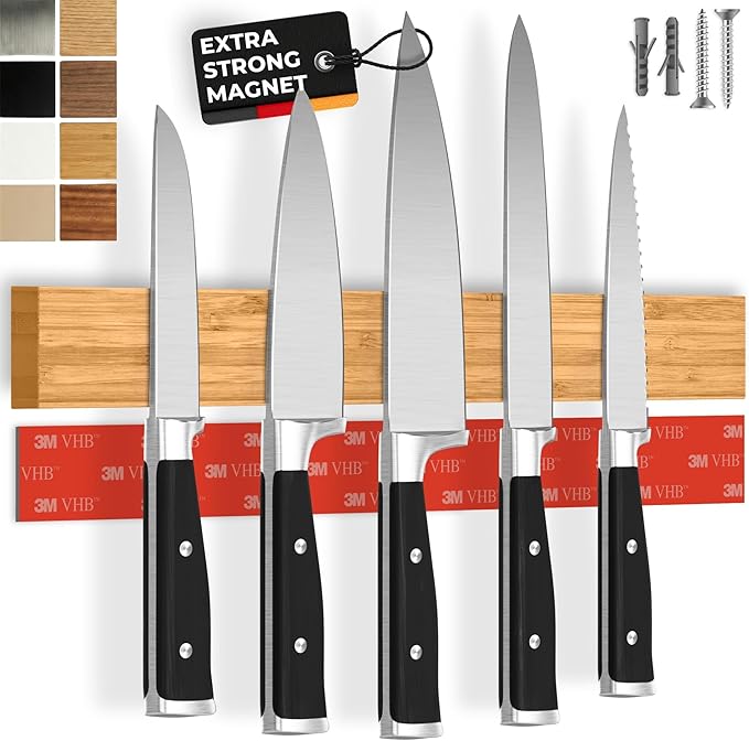 CUCINO Magnetic Knife Holder for Wall 16" - No Drilling incl. Self Adhesive Tape - Extra strong Magnet - Awarded Strip - Made of Bamboo