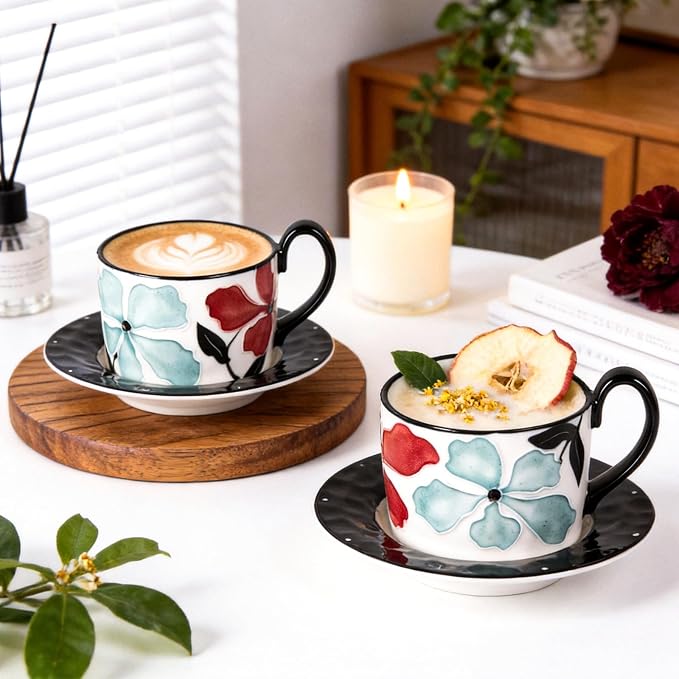 KAMMAK Tea Cups and Saucers Set of 2, Porcelain Coffee Cups, 8.5-Ounce Stackable Espresso Mugs, Ceramic Demitasse for Coffee, Latte, Americano, GX21