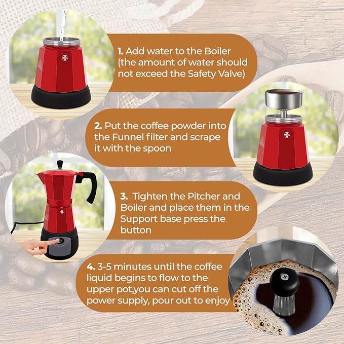 Electric Aluminum Moka Pot 3-6 Cup 150-270ml Espresso Maker with Detachable Base Ideal Coffee Makers for Home MochaPot Italian and Cuban Café Coffeemaker Espressomaker CoffeePot Red