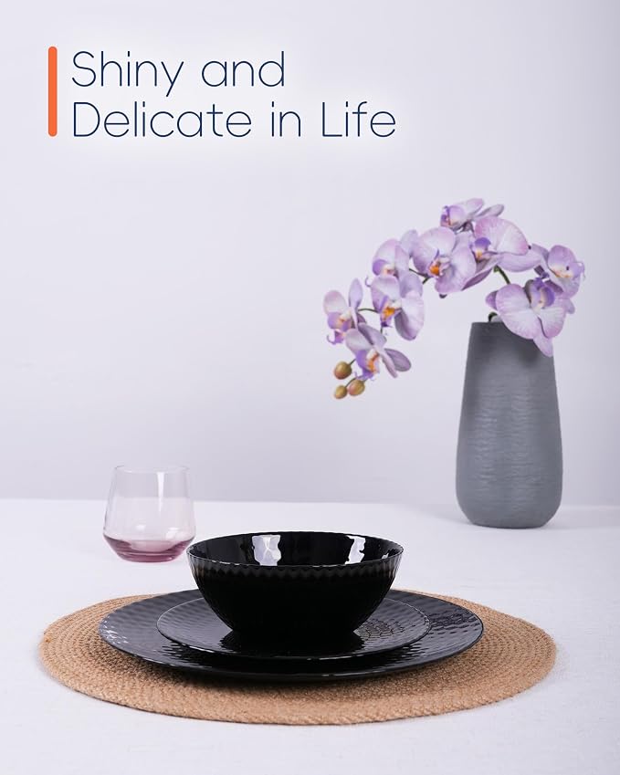 LaGlint Dinnerware Sets for 6, Light & Durable 18 Pieces Opal Glass Plates and Bowls Set, Dishwasher and Microwave Safe Ribbed Dish Dinning Ware, Thin but Strong Geometric Faceted Black