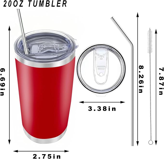 20oz insulted tumblers stainless steel cup Tumbler Bulk with push Lid, and metal straw powder coated coffee cup for cold and hot drinking (12, red)