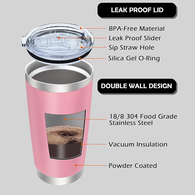 AIANJI 20oz Tumbler Bulk Stainless Steel Tumblers with Lid Vacuum Insulated Double Wall Travel Coffee Mug Powder Coated Tumbler Cup for Hot and Cold Drinks(Pink, 6 pack)