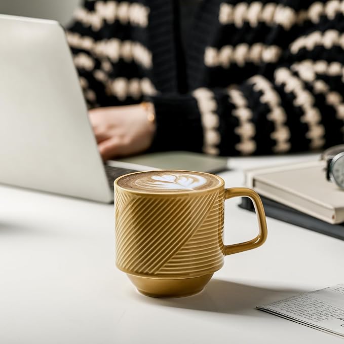 Stackable Coffee Mugs with Rack: 13 oz Stacking Ceramic Cups with Stand - Porcelain Stacked Tea Mug Set of 4(Mustard Yellow)