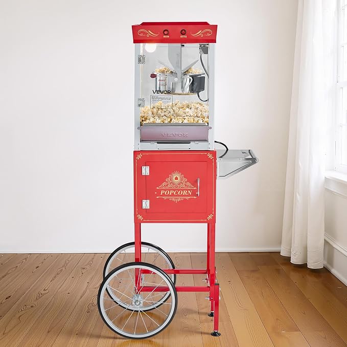 VEVOR Popcorn Machine with Cart, 8oz Stainless Steel Kettle, 800W Commercial Popcorn Maker, 48 Cups per Batch Theater Style Popper, with 2-Button Control Glass Wall PC Door 1 Scoop 3 Spoons, Red