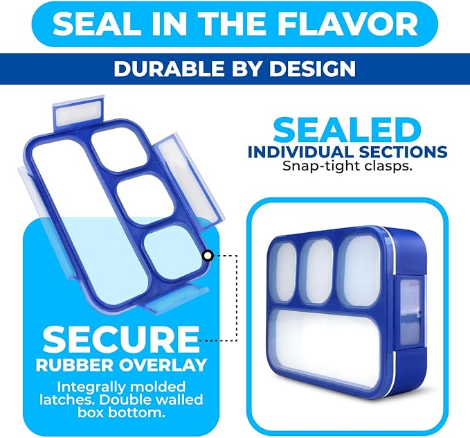 kinsho Bento Lunch Box for Kids Boys Adults, Portion Control Meal Container with 4 Divided Compartments, BPA Free Snackle Snack Food Container for School Work Travel, Utensils, Blue