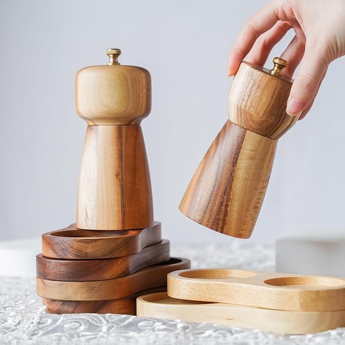 Pepper Grinder, Pepper Mill with Adjustable Stainless Steel, Acacia Wood, 14 cm/5 inch Height, Bottom Dia: 6 cm/2.36 inch (Tray is NOT Included)