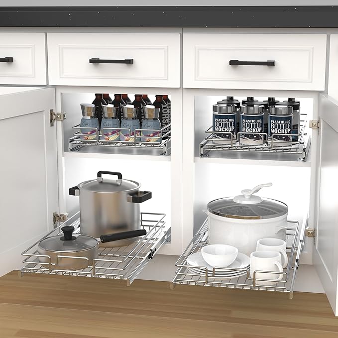 Pull Out Cabinet Organizer, Heavy-Duty Metal Sliding Drawer Shelf for Kitchen Cabinets, Chrome, Doesn't Include Door Fittings (14 * 21 IN)
