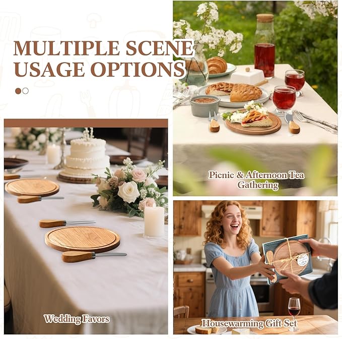Maxcheck 1 Set Baby Shower Bridal Game Prizes for Winners Round Cheese Board Set Wood Mini Charcuterie Board with Knives and Forks Thank You Card with Gift Box for Guests Wedding (Cherry Wood)