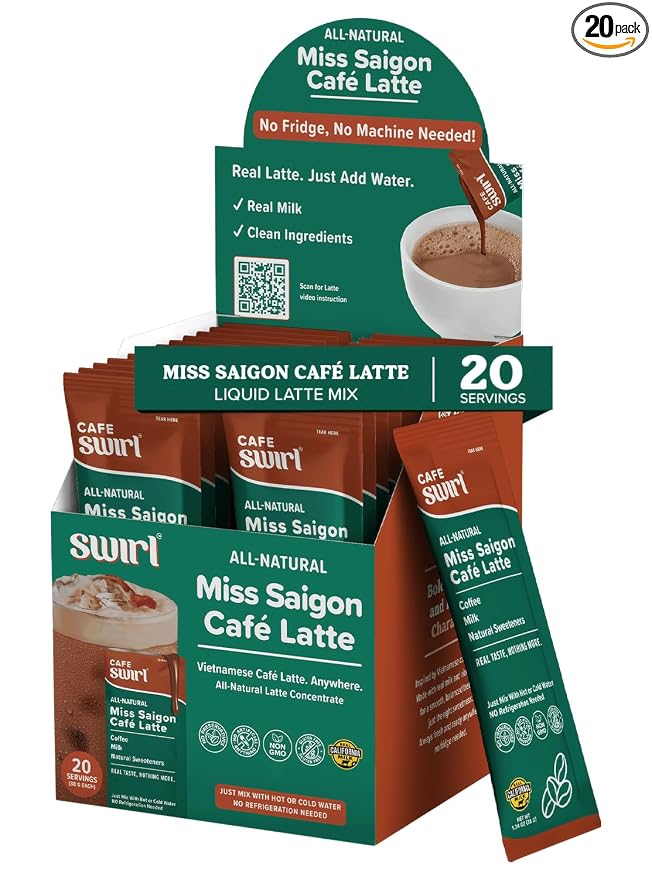 Swirl - Miss Saigon Cafe Latte - Vietnamese Inspired Espresso, Milk Blend, Single Serve, Smooth, Sweet, Balanced, No Fridge - 38g per pack 20 packets