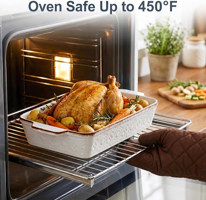 ONEMORE Casserole Dishes for Oven, Ceramic Baking Dish Set of 4, Non-Stick Lasagna Pans with Handles, Rectangular Bakeware Set for Cake, Roasting, Broiling, Gratin, Banquet, Microwave & Dishwasher Safe(3.8/2.6/1.7/1.1 Qt) (White 01)