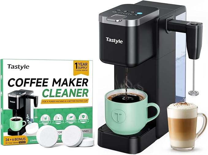 Tastyle Single Serve Coffee Maker with Built-in Detachable Milk Frother, with 30 Descaler Cleaner Tablets, Iced and Hot Coffee Machine for K Cup & Grounds, 40oz Removable Water Reservoir