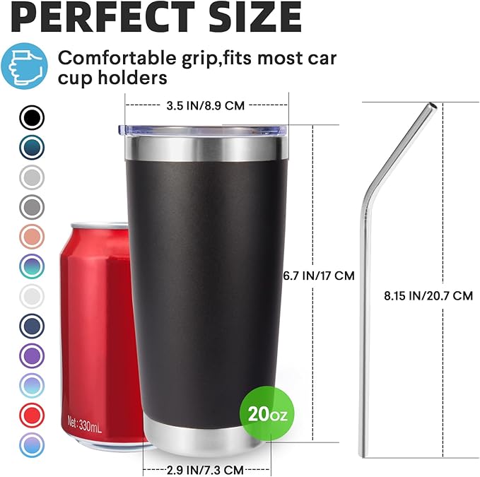 Volhoply 20oz Stainless Steel Tumbler with Lid and Straw Bulk 24 Pack,Double Wall Insulated Travel Iced Coffee Mug Fits Cup Holder,Powder Coated Cups for Hot/Cold Drinks,Christmas Gifts（Black,24 Set）
