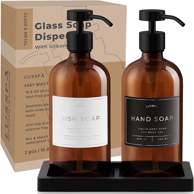 Glass Soap Dispenser Set of 2 (Amber) with Silicone Tray | Hand and Dish Soap Dispenser for Kitchen and Bathroom | 16.8 Oz Glass Bottles with Stainless Steel Pump & 15 Waterproof Labels (Amber/Black)