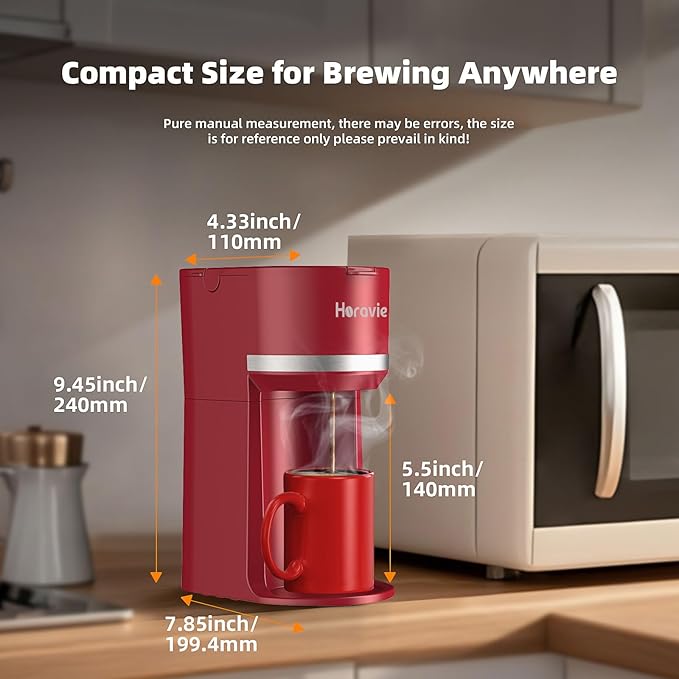 Horavie Mini Single Serve Coffee Maker for K-Cup Pod and Grounds, Fast Brew One Cup Coffee Machine with Descaling Reminder and Water Window, 6 to 12 oz. Brew Sizes, Red