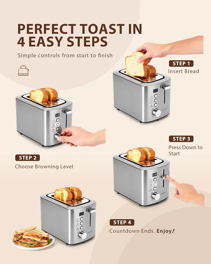 2 Slice Toaster with Wide Slots for Bread & Bagels, Stainless Steel Toaster with Digital Countdown, 6 Shade Settings, Defrost, Reheat & Cancel, Compact Design for Kitchen