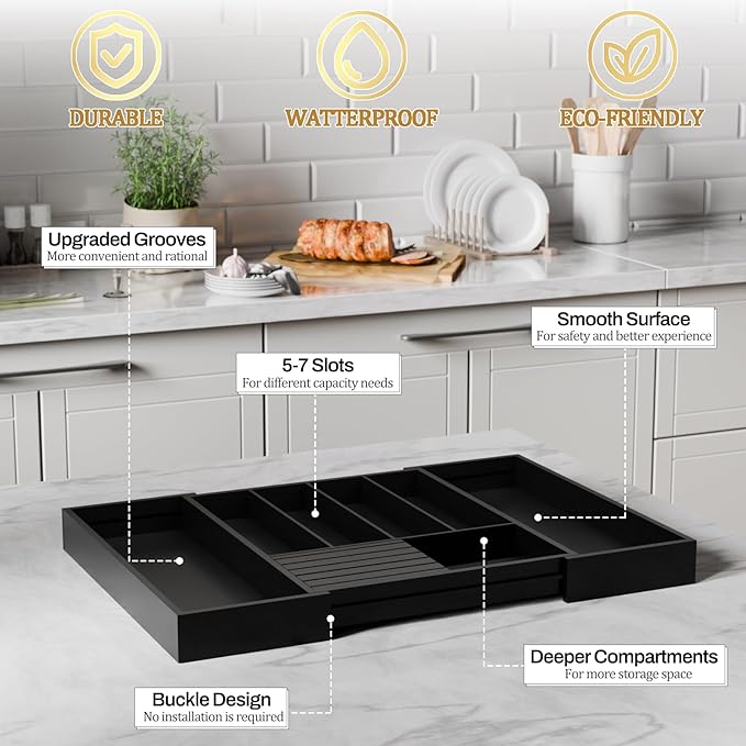 Bamboo Kitchen Silverware Drawer Organizer - Expandable Wood Utensil Holder with Dividers, Luxury Cutlery Storage Tray for Kitchen Utensil and Flatware (5-7 Slots with Removable Knife Block, Black)