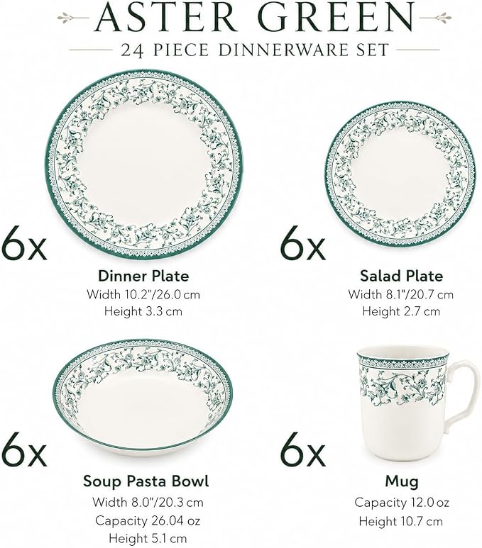 Tudor Royal 24-Piece Round Dinnerware Set, Service for 6, Aster Green Design, Red Floral, Plates Bowls Mugs Dishes, High Gloss Premium Quality