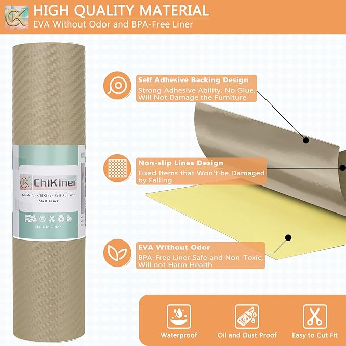 Self-Adhesive Shelf Liner Kitchen Liner, Waterproof Backed Paper Easy Peel and Stick Contact Liner Without Residue for Decor Your Desk Surface, Kitchen Countertops (Dark Khaki, 23.6 x 236.2 inches)
