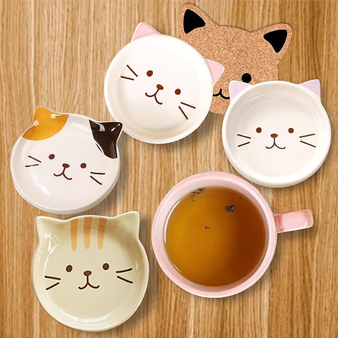 BigNoseDeer 2PCS Kawaii Cat Mug - Pink and Brown Ceramic Coffee Tea Cup with Lid, Saucer - Cool Preppy Gift for Cat Lovers, Christmas 10oz