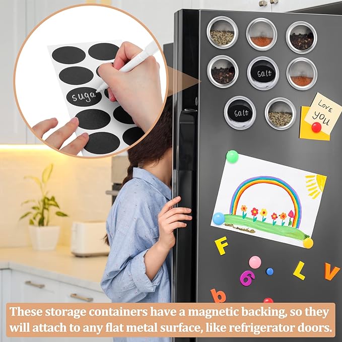 Chengu 36 Pack Magnetic Spice Jars for Refrigerator 3 oz Magnetic Spice Containers Stainless Steel Seasoning Tins with Clear Lid, with 72 Pcs Labels Marker and 2 Pens for Grill Kitchen Fridge Rack