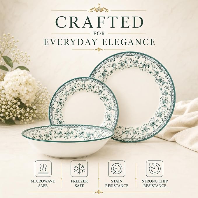 Tudor Royal 12-Piece Round Porcelain Dinnerware Set, Service for 4 - Aster Green Design, Multicolor Floral, Plates Bowls Mugs Dishes, Premium Quality Tableware, Unique Pattern, Glossy