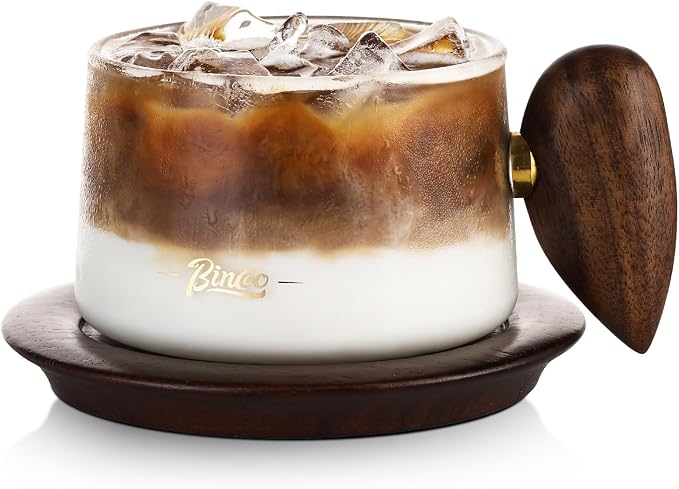 Bincoo Glass Coffee Cups and Saucers Set,250ML Clear Glass Iced Coffee Mug Espresso Cup Tea Cup with Walnut Coaster and Handle
