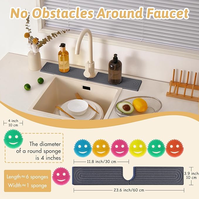 Kitchen Faucet Absorbent Mat with U-Shape Hole, 23.6" Diatomaceous Earth Splash Guard for Sink Faucet, Aesthetic Water Absorbing Stone Tray Draining Mat for Modern Home, Gift for Girlfriend, Dark Grey