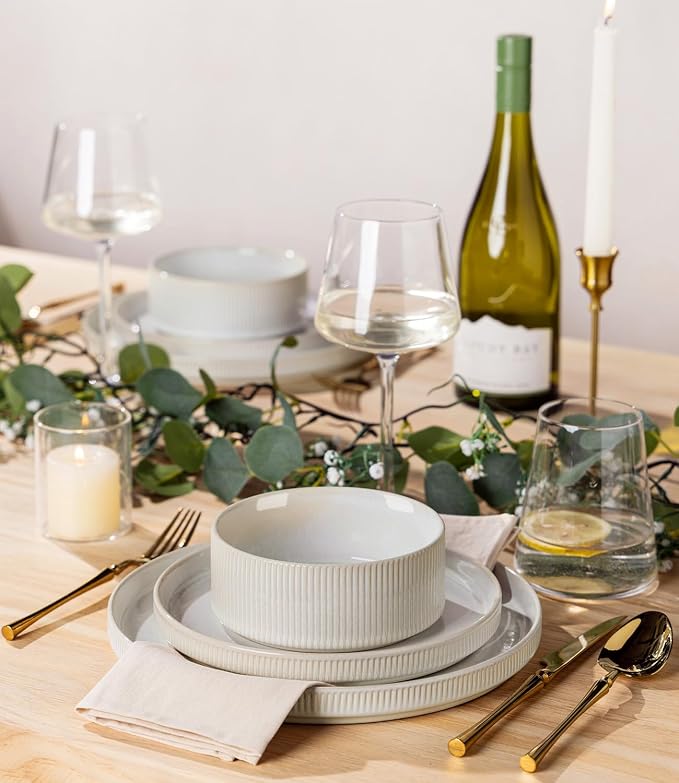 TheTerra Ceramic Dinnerware Sets with Pasta Bowls for 4, 16 Pieces Porcelain Lightweight Plates and Bowls Sets, Scratch Resistant Dish Set, Oven & Microwave & Dishwasher Safe, Reactive White
