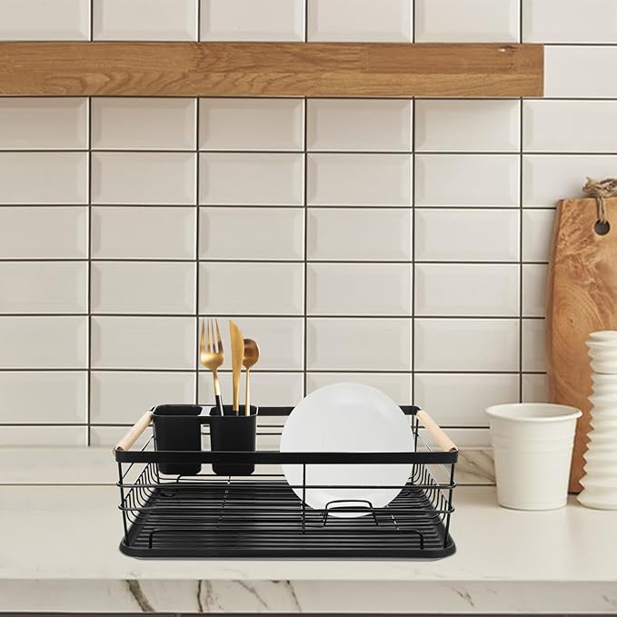 Large Metal Dish Drying Rack with Removable Drip Tray, Over The Sink Kitchen Counter Dish Strainer and Storage Organizer for Plates and Bowls