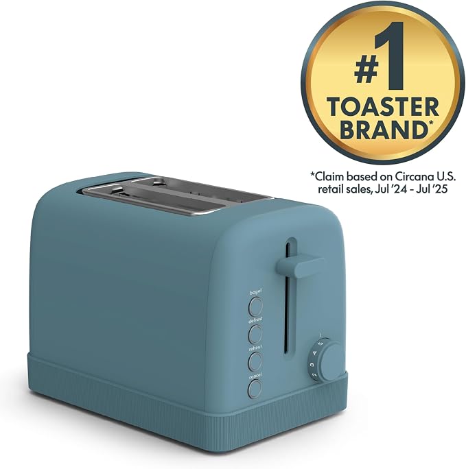 bella 2 Slice Toaster, 6 Setting Shade Control w Reheat, Cancel, Bagel & Defrost Buttons, Removable Crumb Tray, Anti Jam & Auto Shutoff, Auto Centering Guides & Cord Wrap, 900 Watt, Surf