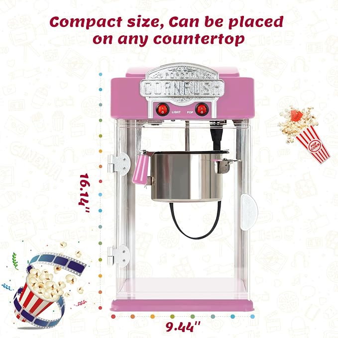 Popcorn Popper Machine-4 OZ Vintage Professional Popcorn Maker Theater Style with Nonstick Kettle Warming Light and Serving Scoop. (Pink)