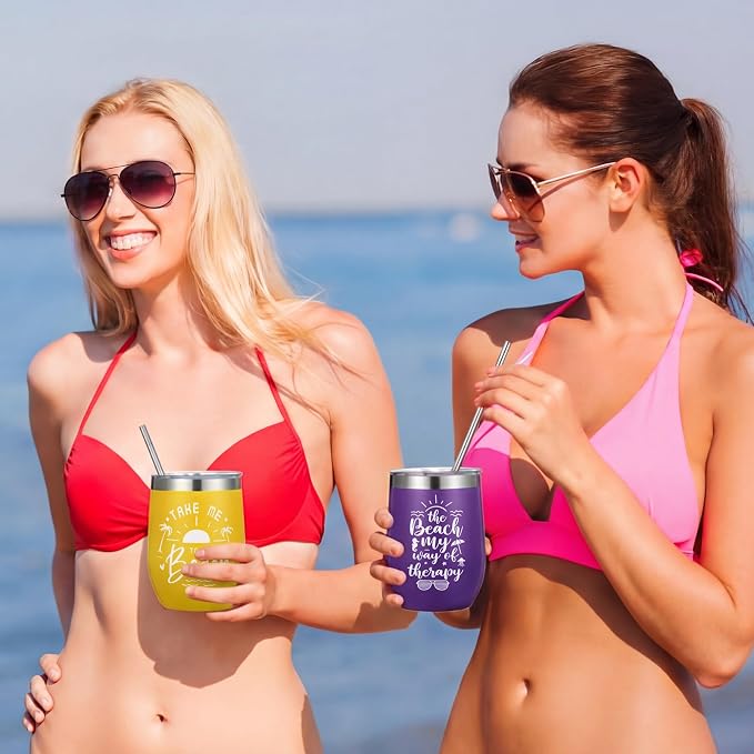 Sliner 8 Pcs Beach Girls Trip Wine Tumbler with Lids Summer Beach Travel Gifts 12oz Stainless Steel Wine Cups for Girls Women Weekend Trip Vacation Cruise Seaside Gifts