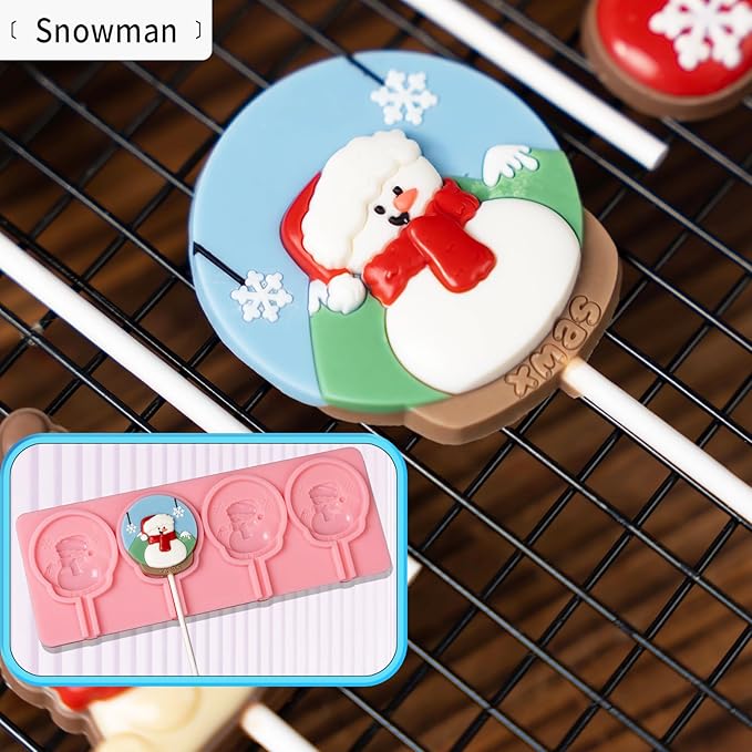 KALAIEN 2 Pack Christmas Lollipop Molds Set, Christmas Silicone Molds Candy Gummy Mold for Chocolate with 100pcs Lollypop Sucker Sticks