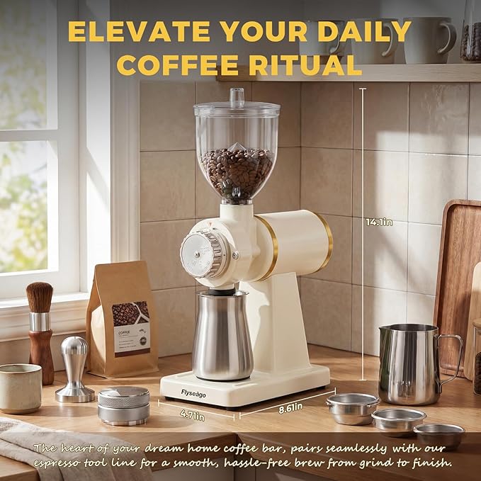 Electric Burr Coffee Grinders for Home Use, 8 Adjustable Settings Stainless Steel Flat Burr, Quiet Low Static Design for Espresso Pour Over French Press, Cream Style White