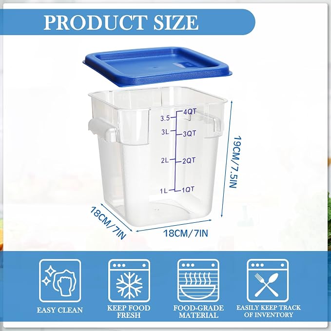 Lallisa 8 Pack 4 Qt Clear Food Storage Container with Handles and Lid Commercial Grade Square Food Storage Containers with Lids Polycarbonate Storage Container for Home Kitchen Restaurant