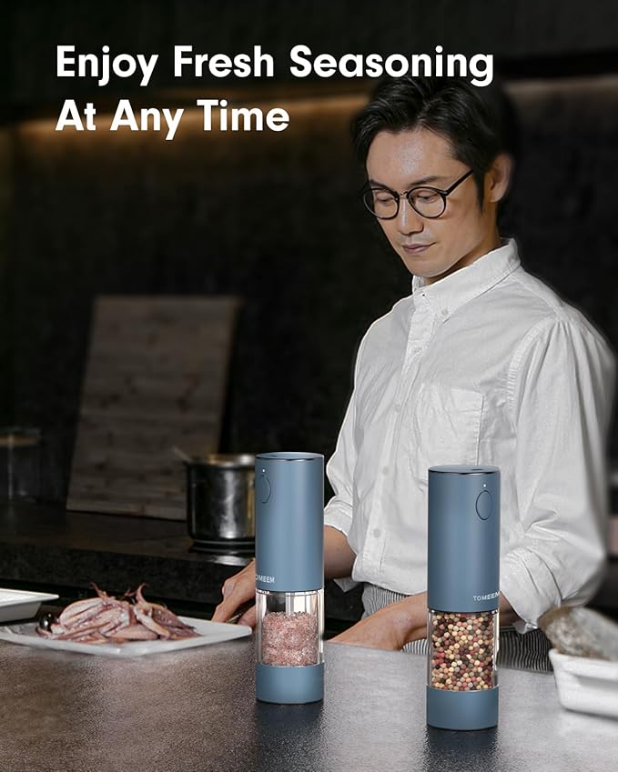 TOMEEM Upgraded Larger Capacity Electric Salt and Pepper Grinder Set Rechargeable with LED lights, Stainless Steel Automatic Pepper and Salt Grinder Refillable with 5 Adjustable Coarseness Blue