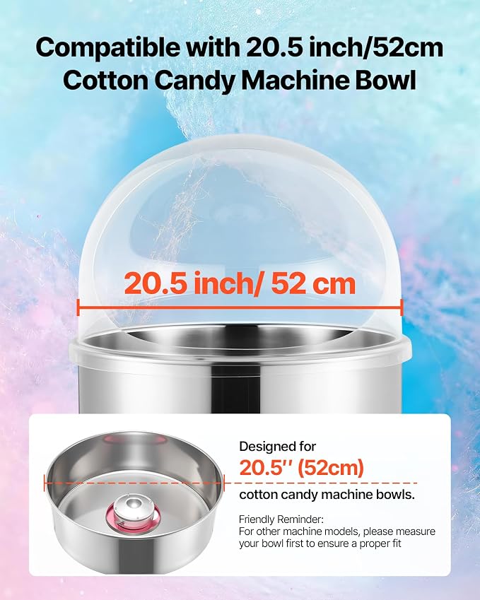 VEVOR Cotton Candy Machine Cover 21 Inch, Acrylic Dome Bubble Shield Compatible with 20 inch Commercial Cotton Candy Floss Maker Bowl for Party, Shops, Bottom Groove Design, Transparent
